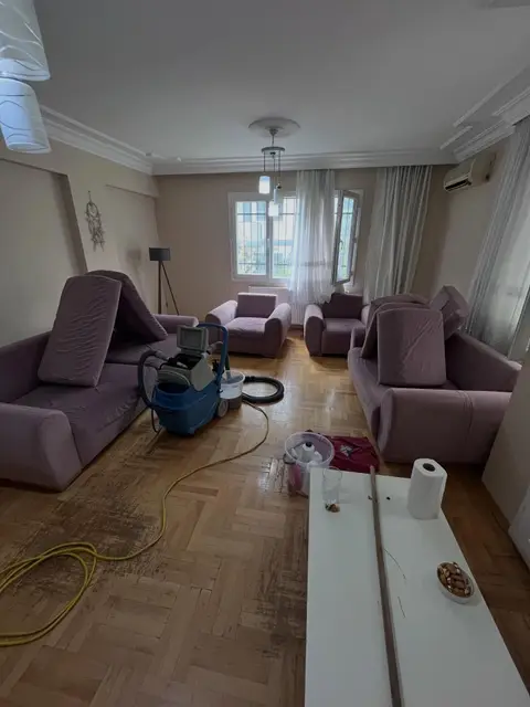 Lila koltuk takımı ve tekli koltuklar, yıkama sırasında — Konak, Bornova, İzmir